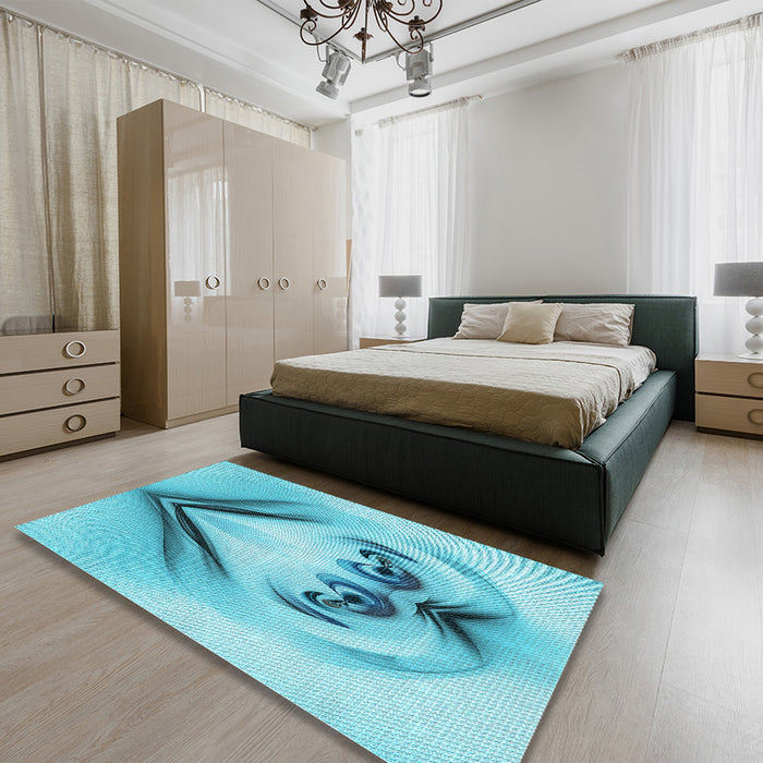 Patterned Dark Turquoise Green Rug in a Bedroom, pat1386lblu