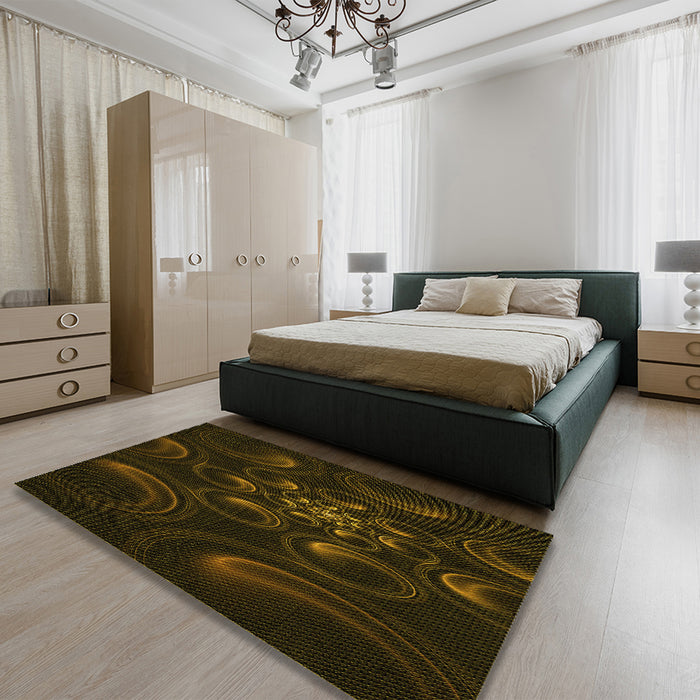 Patterned Dark Bronze Brown Rug in a Bedroom, pat1388yw