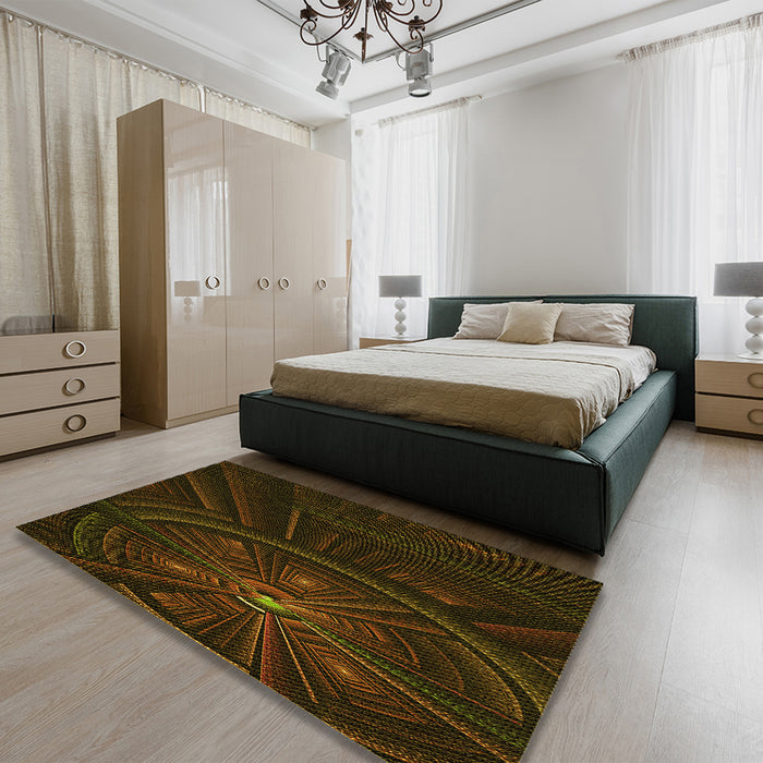 Patterned Dark Bronze Brown Rug in a Bedroom, pat1389yw