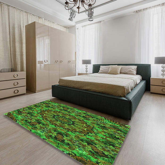 Round Machine Washable Transitional Dark Forest Green Rug in a Office, wshpat1390grn