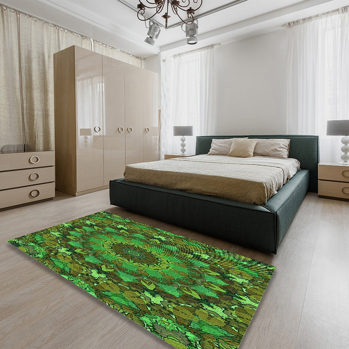 Round Machine Washable Transitional Dark Forest Green Rug in a Office, wshpat1392grn