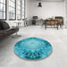 Round Patterned Bright Turquoise Blue Rug in a Office, pat1393lblu