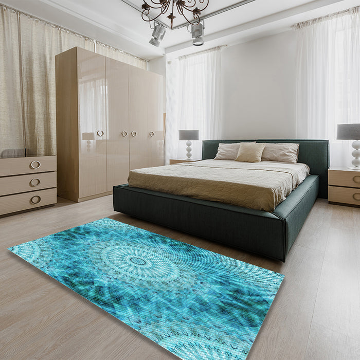 Patterned Bright Turquoise Blue Rug in a Bedroom, pat1393lblu