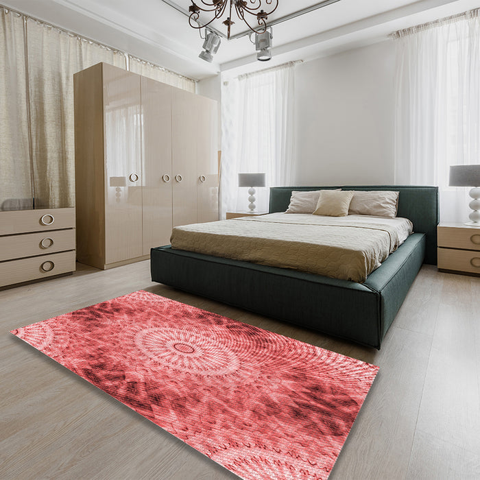 Round Machine Washable Transitional Ruby Red Rug in a Office, wshpat1393rd