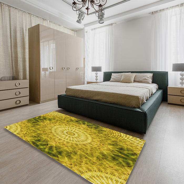Patterned Dark Yellow Green Rug in a Bedroom, pat1393yw