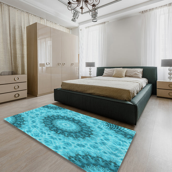 Patterned Dark Turquoise Green Rug in a Bedroom, pat1394lblu