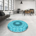 Round Patterned Dark Turquoise Green Rug in a Office, pat1394lblu