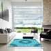 Square Patterned Dark Turquoise Green Rug in a Living Room, pat1394lblu