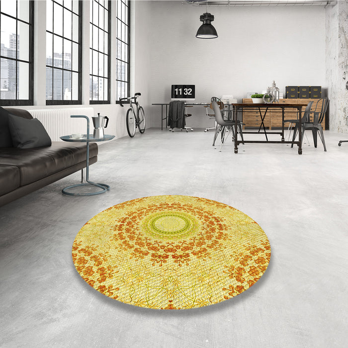 Round Patterned Bold Yellow Rug in a Office, pat1395yw