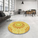 Round Patterned Bold Yellow Rug in a Office, pat1395yw