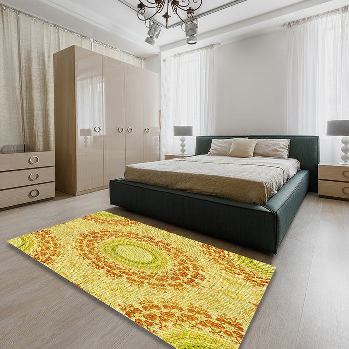 Round Machine Washable Transitional Bold Yellow Rug in a Office, wshpat1395yw