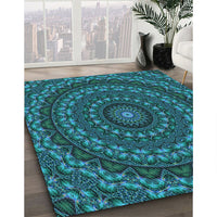 Patterned Dark Turquoise Green Rug, pat1396lblu