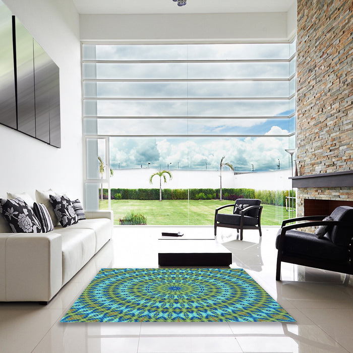 Square Patterned Lime Mint Green Rug in a Living Room, pat1398lblu