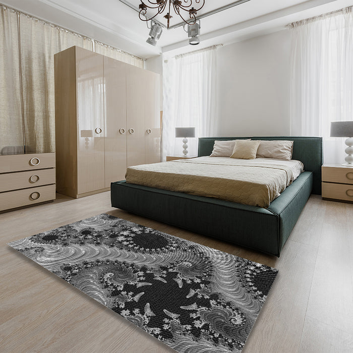 Patterned Gunmetal Gray Rug in a Bedroom, pat1399gry