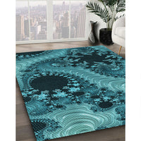 Patterned Dark Turquoise Green Rug, pat1399lblu