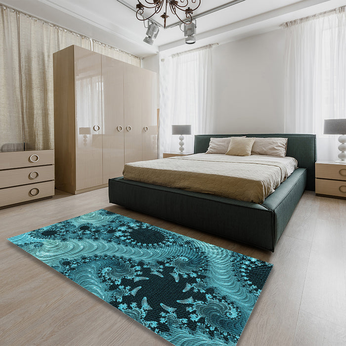 Patterned Dark Turquoise Green Rug in a Bedroom, pat1399lblu