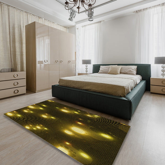 Patterned Dark Yellow Green Rug in a Bedroom, pat14yw