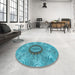 Round Patterned Dark Cyan Green Rug in a Office, pat1400lblu