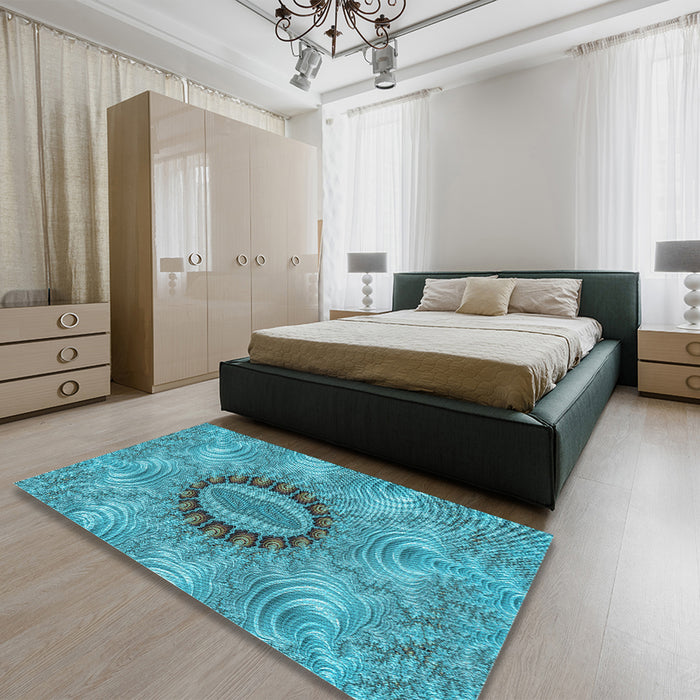 Patterned Dark Cyan Green Rug in a Bedroom, pat1400lblu