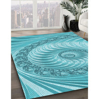 Patterned Dark Turquoise Green Rug, pat1401lblu