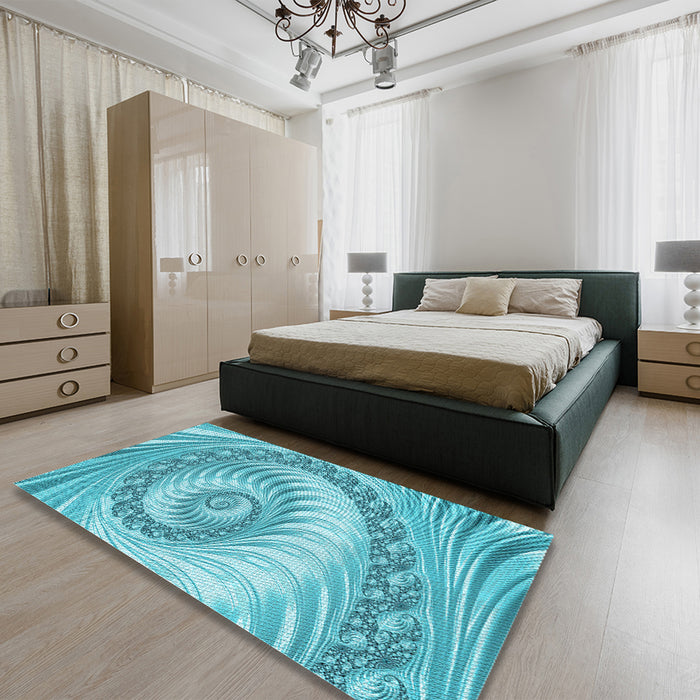 Patterned Dark Turquoise Green Rug in a Bedroom, pat1401lblu