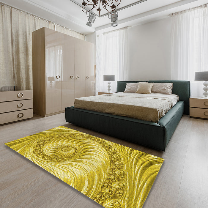 Patterned Bold Yellow Rug in a Bedroom, pat1401yw