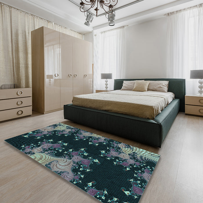 Round Machine Washable Transitional Green Rug in a Office, wshpat1402lblu