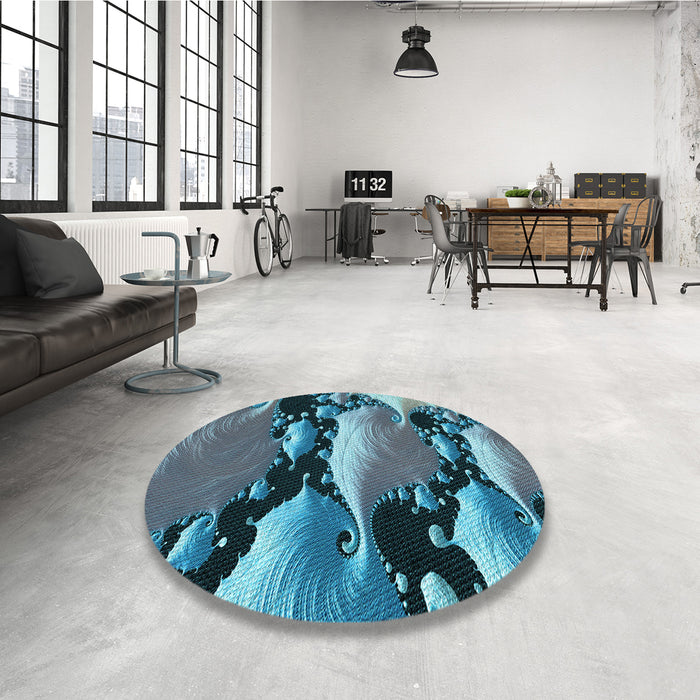 Round Patterned Dark Blue Grey Blue Rug in a Office, pat1404lblu