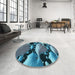 Round Patterned Dark Blue Grey Blue Rug in a Office, pat1404lblu