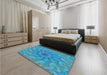 Patterned Bright Turquoise Blue Rug in a Bedroom, pat1406lblu