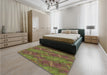 Patterned Dark Yellow Green Rug in a Bedroom, pat1407brn