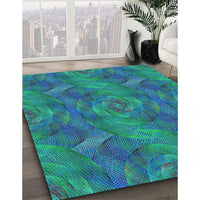 Patterned Dark Turquoise Green Rug, pat1407lblu