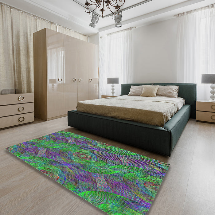 Patterned Green Modern Rug in a Bedroom, pat1407