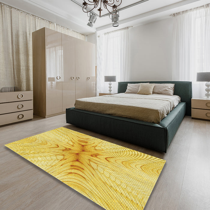 Round Machine Washable Transitional Bold Yellow Rug in a Office, wshpat1408yw