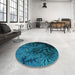 Round Patterned Dark Turquoise Green Rug in a Office, pat1409lblu