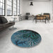 Round Machine Washable Transitional Deep-Sea Green Rug in a Office, wshpat1409