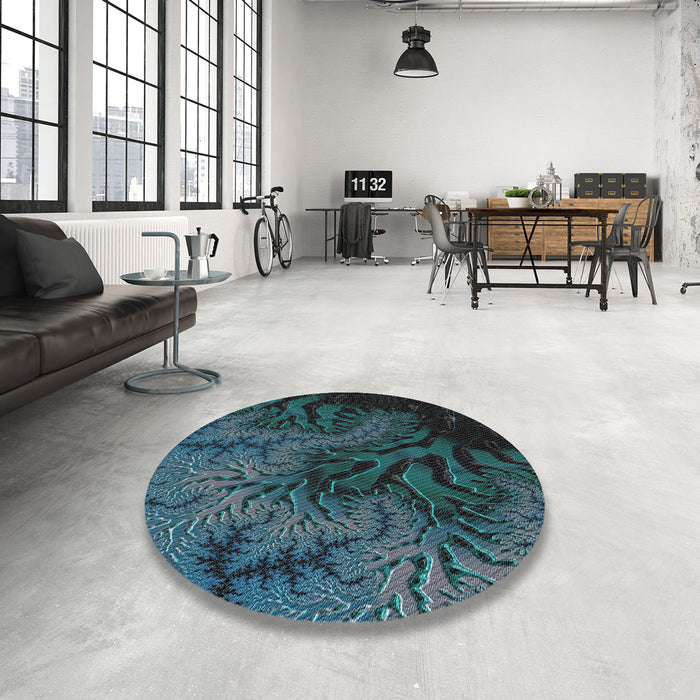 Round Patterned Deep-Sea Green Novelty Rug in a Office, pat1409