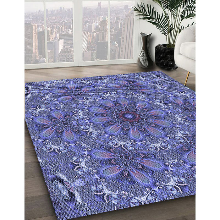 Patterned Sky Blue Rug in Family Room, pat1410blu