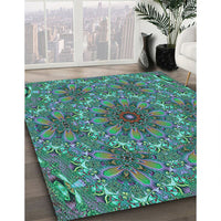 Patterned Blue Moss Green Rug, pat1410lblu