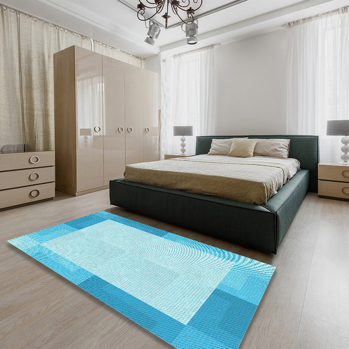 Patterned Bright Turquoise Blue Rug in a Bedroom, pat1412lblu
