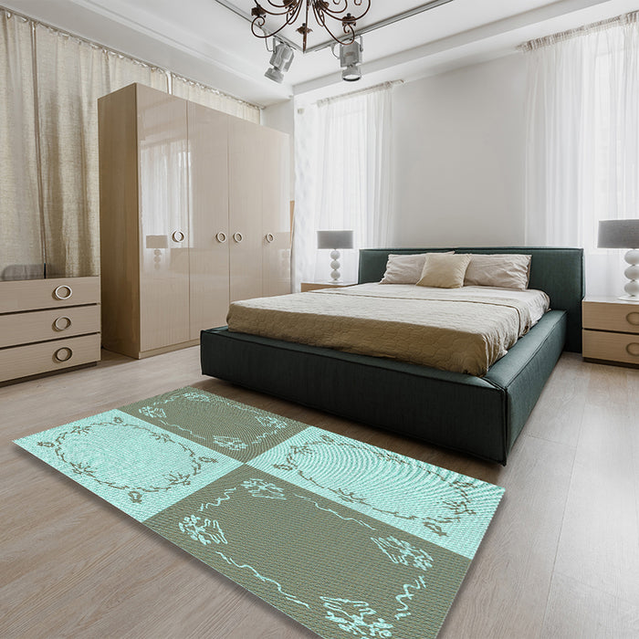 Patterned Camouflage Green Rug in a Bedroom, pat1413lblu