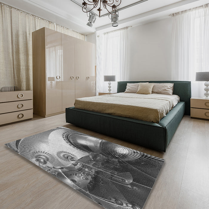 Round Machine Washable Transitional Black Rug in a Office, wshpat1418gry