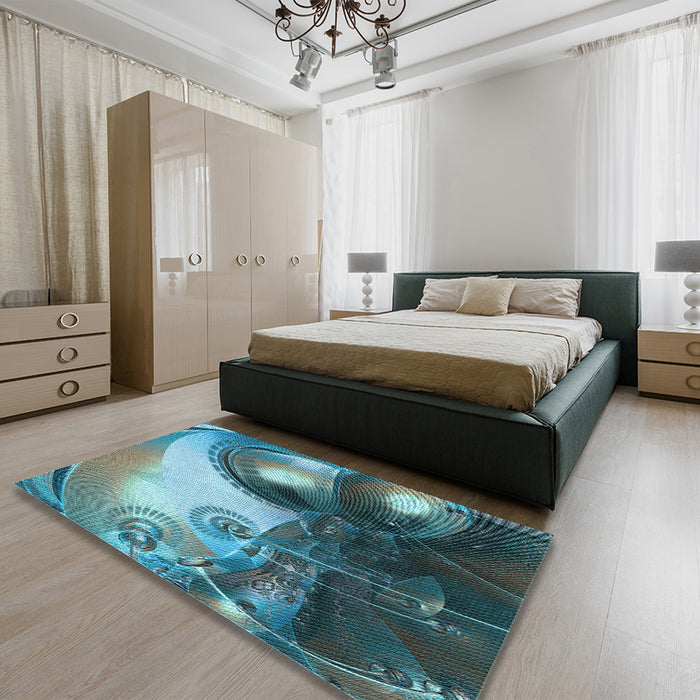 Patterned Dark Blue Grey Blue Rug in a Bedroom, pat1418lblu