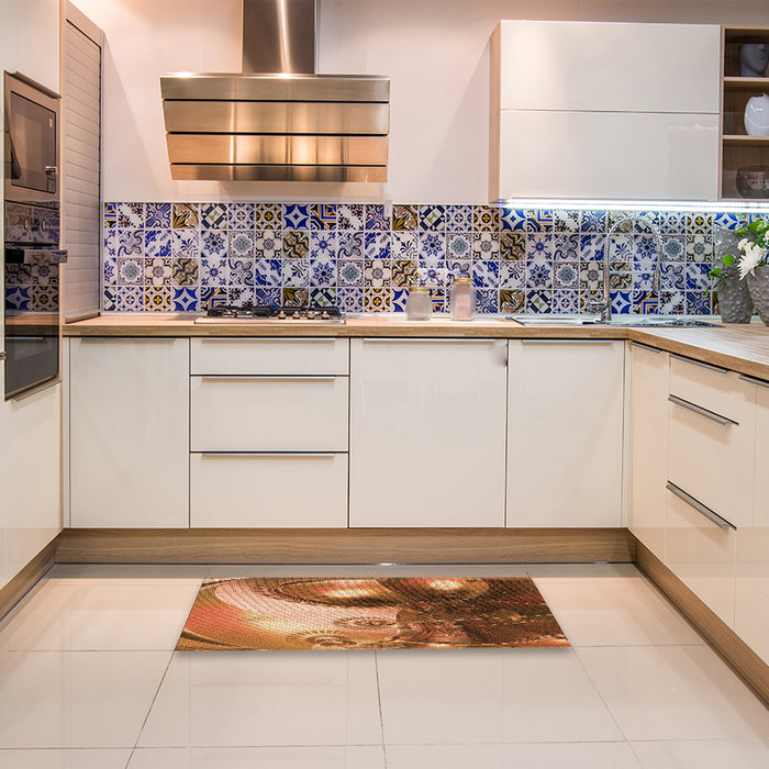 Patterned Tomato Red Rug in a Kitchen, pat1418org