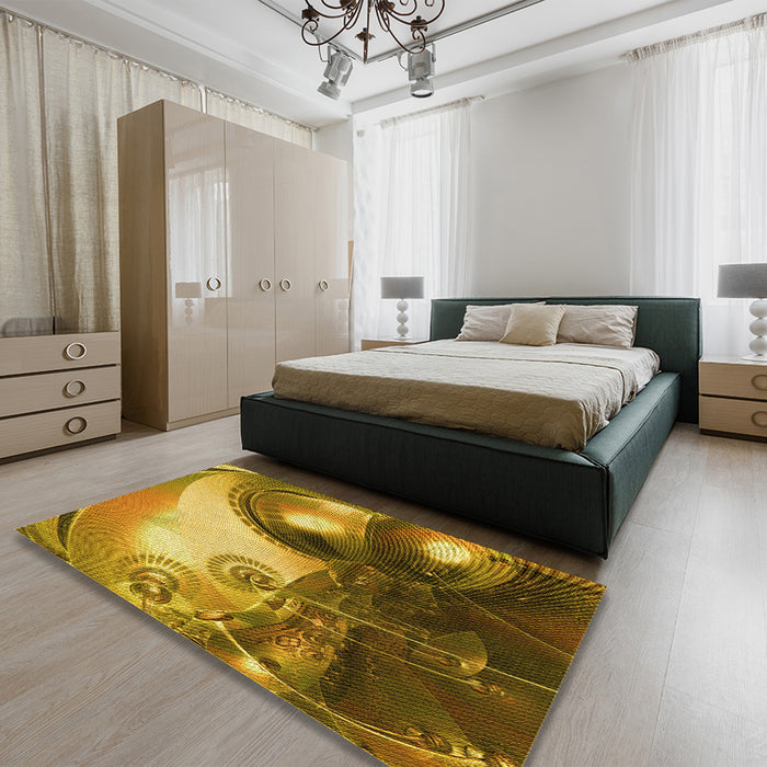 Round Machine Washable Transitional Yellow Rug in a Office, wshpat1418yw