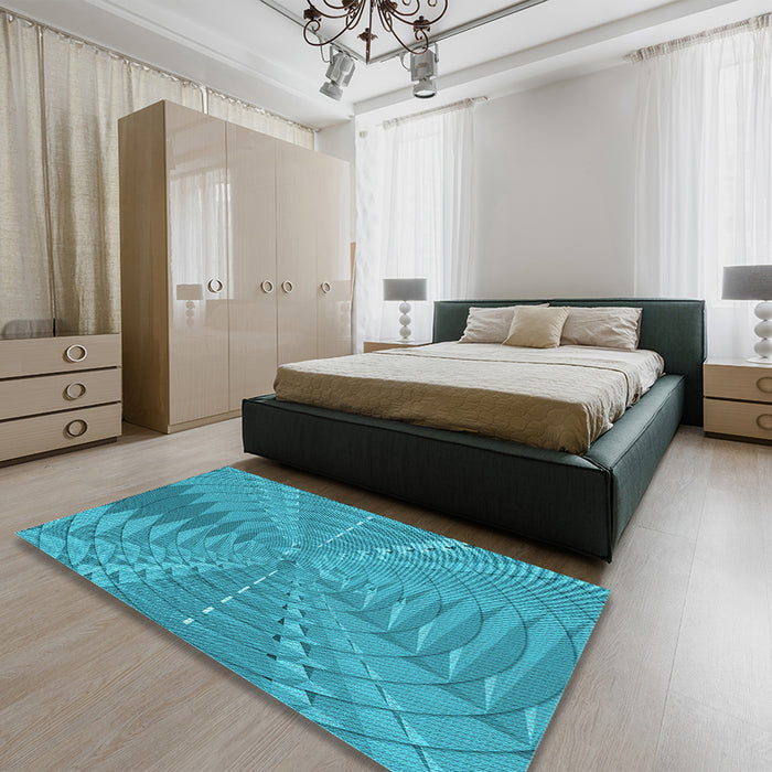 Patterned Bright Turquoise Blue Rug in a Bedroom, pat1420lblu