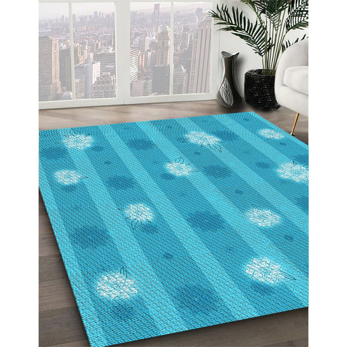 Patterned Bright Cyan Blue Rug in Family Room, pat1423lblu