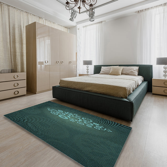 Patterned Deep Teal Green Rug in a Bedroom, pat1424lblu