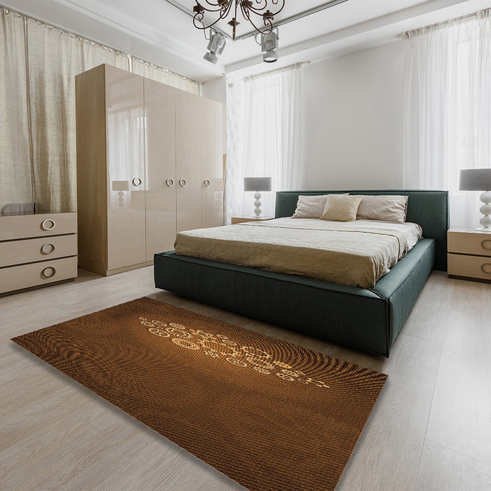 Patterned Mahogany Brown Rug in a Bedroom, pat1424org