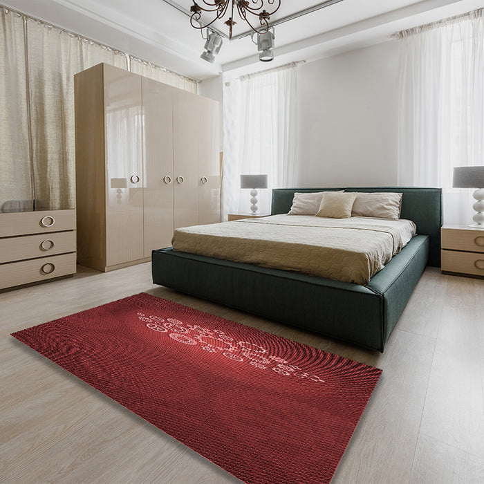 Patterned Crimson Red Rug in a Bedroom, pat1424rd